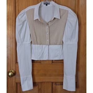 Rehab Lab Cop Top Women's Large Beige & White Long Puff Sleeve Classic Preppy